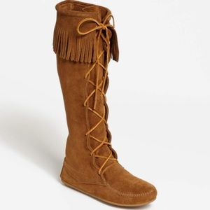 Minnetonka Suede Lace Up Fringe Knee High Boots 9